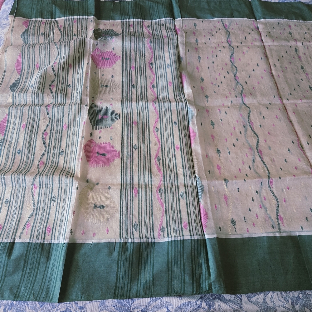 Elegant New Bengal Handloom 100% Natural Tussar Silk Jamdani Saree